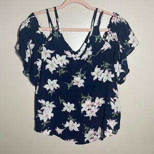 Sienna Sky Navy Floral Cold‎ Shoulder Top | Medium